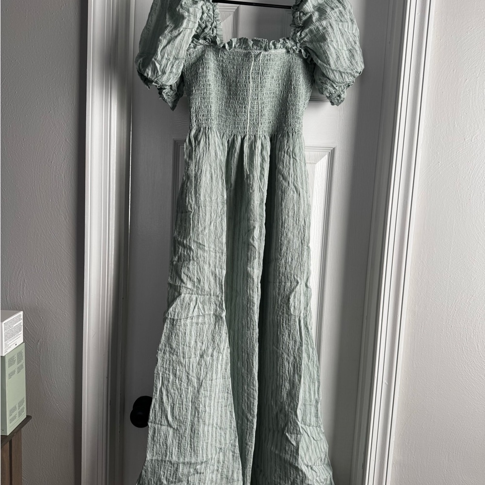 Hill House Scarlett Dress Green Sear sucker stripe